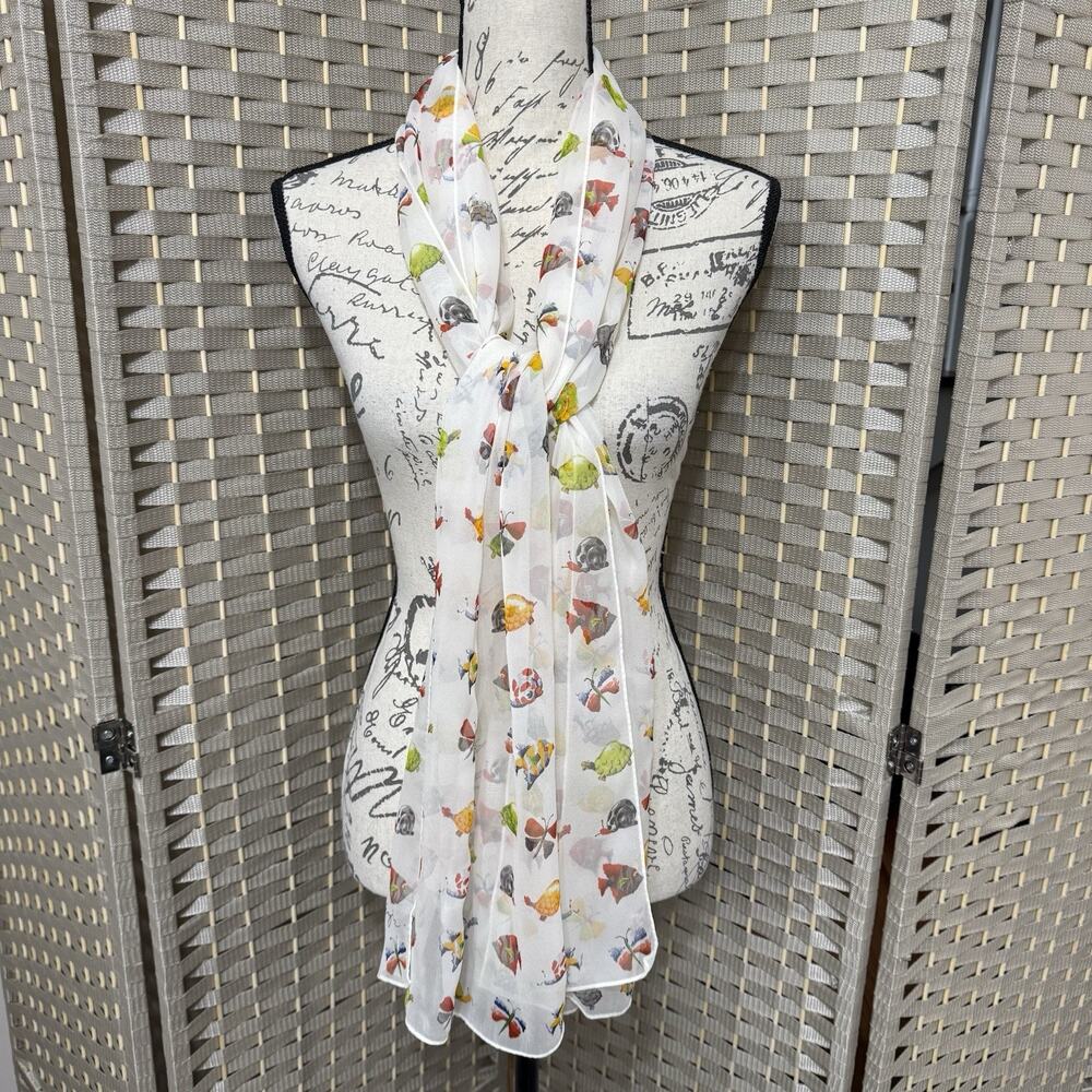 Ann Taylor Long Silk Chiffon Scarf Fish Butterflies Snails Turtles 16”x64”